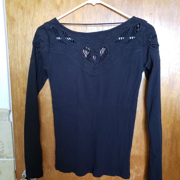 Free People With Love Crochet Tee Thermal Tie Neck Bodycon Black Top - Picture 3 of 5